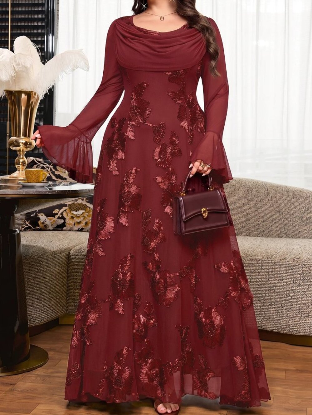 Burgundy Elegant Women's Plus Size Jacquard Casual Party Dress - Picture 6 of 10